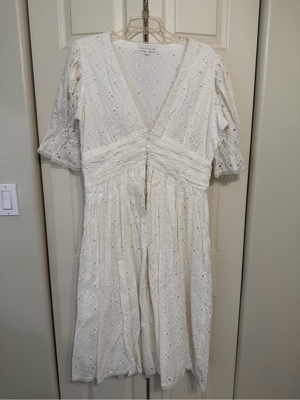 House of Harlow Ivory Eyelet V-Neck Midi Dress